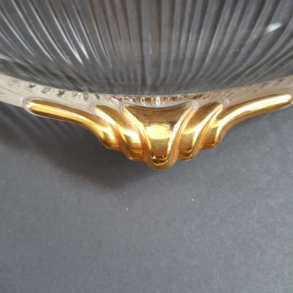Vintage Glass Ribbed Serving Platter Gold Handles - Picture 3 of 7